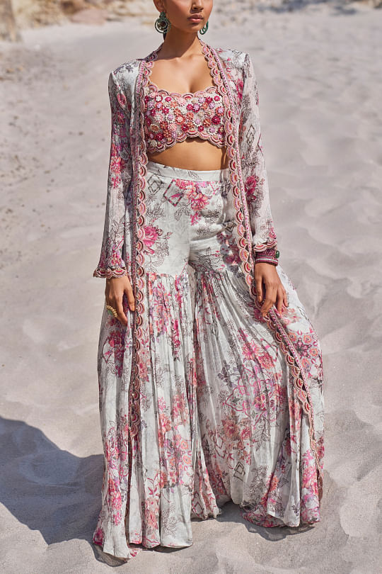 Ridhima Bhasin Light grey floral printed jacket sharara set Online Shopping