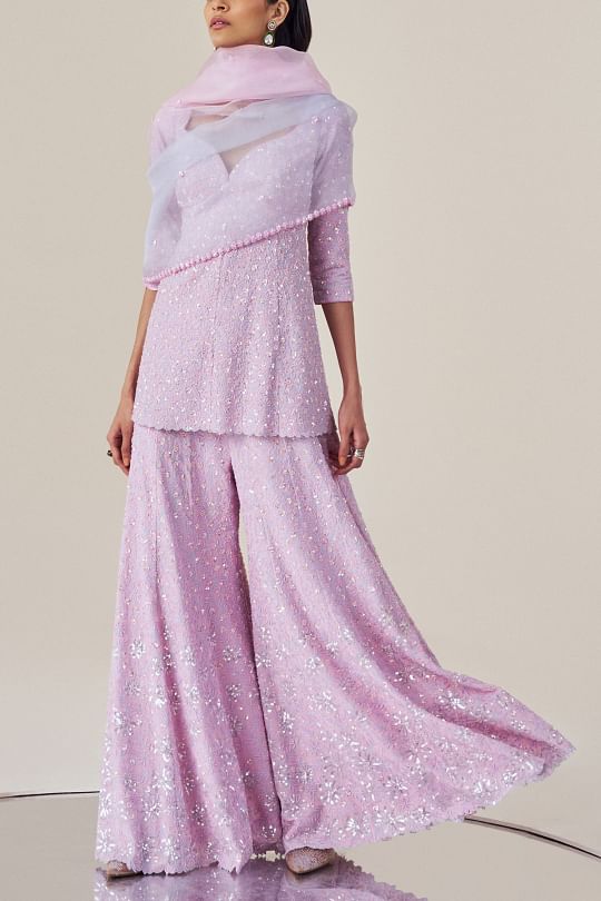 Madzin Lilac floral sequin embroidered sharara set Online Shopping