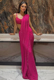 Itrh Magenta pink embellished pre-draped sari set Online Shopping