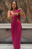 Itrh Magenta pink embellished pre-draped sari set Online Shopping