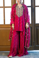 Payal Singhal Magenta pink mukaish tiered sharara set Online Shopping