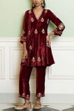 Devnaagri Maroon floral embroidered short kurta set Online Shopping