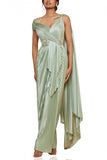 Amit Aggarwal Mint green bead detail pleated sari gown Online Shopping