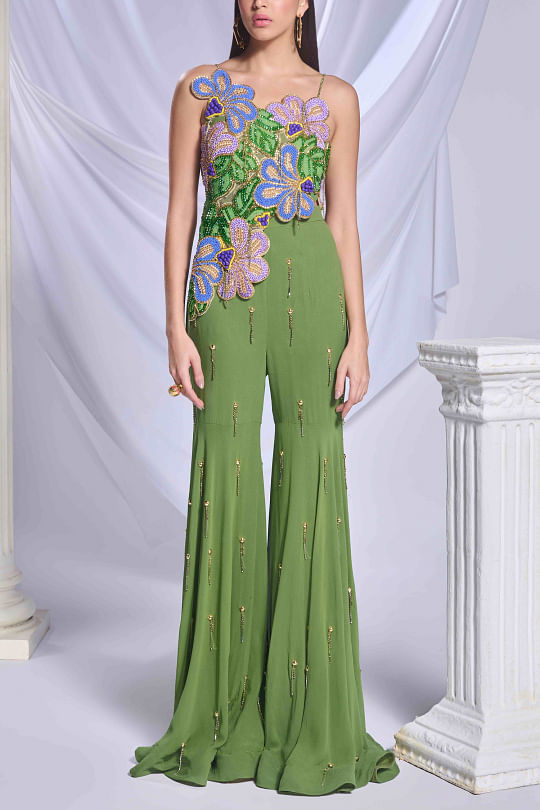 Papa Don't Preach Moss green floral embroidered top and sharara set Online Shopping