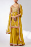 Gopi Vaid Mustard floral print embroidered kurta sharara set Online Shopping