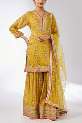 Gopi Vaid Mustard floral print embroidered sharara set Online Shopping