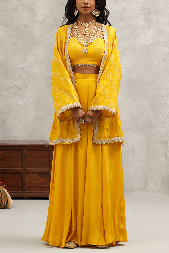 Kapda Dori Mustard floral woven banarasi jacket sharara set Online Shopping