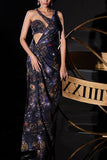 Ohaila Khan Navy constellation printed concept sari set Online Shopping