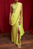 Itrh Neon yellow crystal ruched skirt sari set Online Shopping