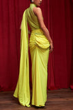 Itrh Neon yellow crystal ruched skirt sari set Online Shopping