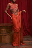 Itrh Orange embellished pleated skirt sari set Online Shopping