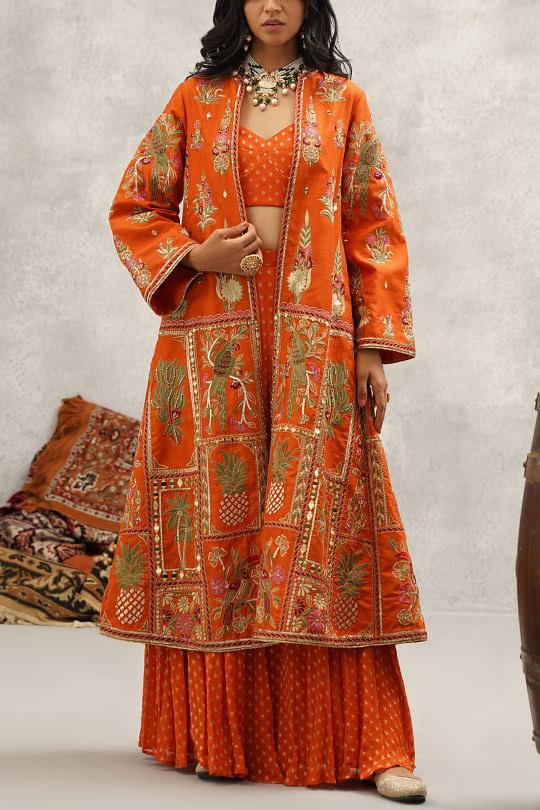 Kapda Dori Orange embroidered jacket banarasi sharara set Online Shopping