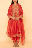 Petticoat Lane Orange paisley embroidered flared kurta set Online Shopping