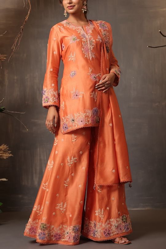 Niti Bothra Peach floral embroidered sharara set Online Shopping