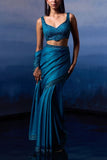 Angad Singh Peacock blue sequin embroidered sari set Online Shopping