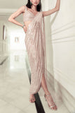 Rohit Gandhi + Rahul Khanna Pearl pink crystal and sequin embellished draped sari set Online Shopping