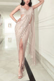 Rohit Gandhi + Rahul Khanna Pearl pink crystal and sequin embellished draped sari set Online Shopping