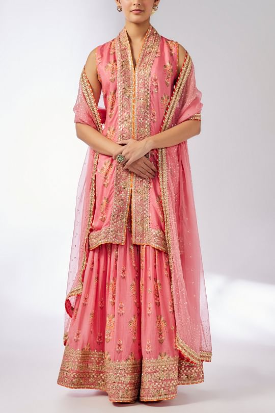 Gopi Vaid Pink floral printed embroidered sharara set Online Shopping