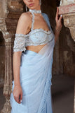 Kamaali Couture Powder blue shimmery draped sari set Online Shopping