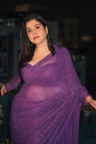 Itrh Purple crystal studded pre-stitched sari set Online Shopping