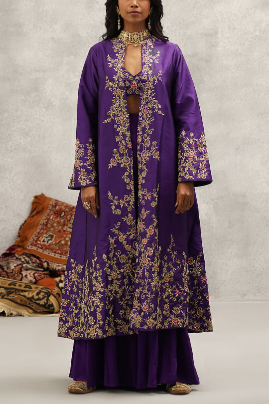 Kapda Dori Purple floral embroidered jacket sharara set Online Shopping