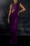 Nikhil Thampi Purple holographic beaded pre-draped sari set Online Shopping