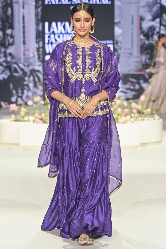 Payal Singhal Purple mukaish tiered sharara set Online Shopping