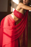 Sanya Gulati Red chiffon pre-stitched sari set Online Shopping