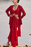 Nidhika Shekhar Red embellished jacket and pre-draped sari set Online Shopping