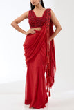 Rabani and Rakha Red embroidered tasselled pre-stitched sari set Online Shopping