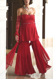 Sanya Gulati Red embroidered top and sharara set Online Shopping