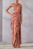 Tarun Tahiliani Red geometric print concept sari set Online Shopping