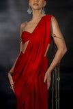 Nikhil Thampi Red knotted crystal stringed draped sari set Online Shopping