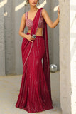 Chamee and Palak Red sequin embellished pre-draped sari set Online Shopping