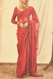 House of Three Red zardozi embroidered sari Online Shopping