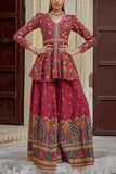 Kalista Ruby red embroidered peplum sharara set Online Shopping