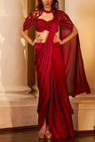 Kamaali Couture Ruby red pre-draped sari set Online Shopping