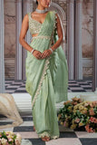 Nidhika Shekhar Sage green embroidered pre-draped sari set Online Shopping