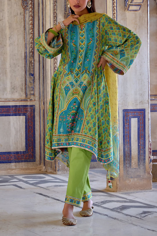 Kalista Sage green floral printed kurta set Online Shopping