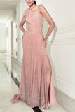 Rohit Gandhi + Rahul Khanna Salmon pink tonal sequin embroidery gown sari Online Shopping