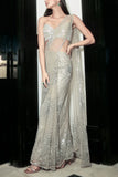 Rohit Gandhi + Rahul Khanna Silver intricate embroidery draped sari set Online Shopping