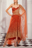 Nikita Mhaisalkar Tangerine embroidered pre-draped sari set Online Shopping