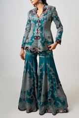 Nupur Kanoi Teal embroidered jacket and gharara Online Shopping