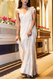 Sawan Gandhi White mirror embellished pre-draped sari set Online Shopping