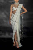 Nikhil Thampi White pearl stringed pre-draped sari set Online Shopping