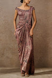 Tarun Tahiliani Wine printed foil jersey concept sari Online Shopping