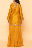 Petticoat Lane Yellow embroidered kurta and crushed skirt set Online Shopping