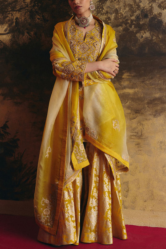 Petticoat Lane Yellow floral brocade sharara set Online Shopping