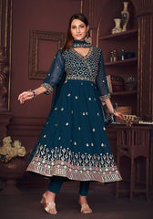 Festive Blue Embroidered Georgette Kurta Set Online Shopping