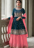 Festive Turquoise Pink Sequin Thread Embroidered Georgette Anarkali Set Online Shopping